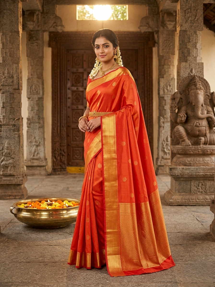 An elegant Indian model wears a vibrant Chilly Red Kanjivaram silk saree with a traditional gold zari border and small buttis, posing gracefully inside a historic South Indian temple courtyard.