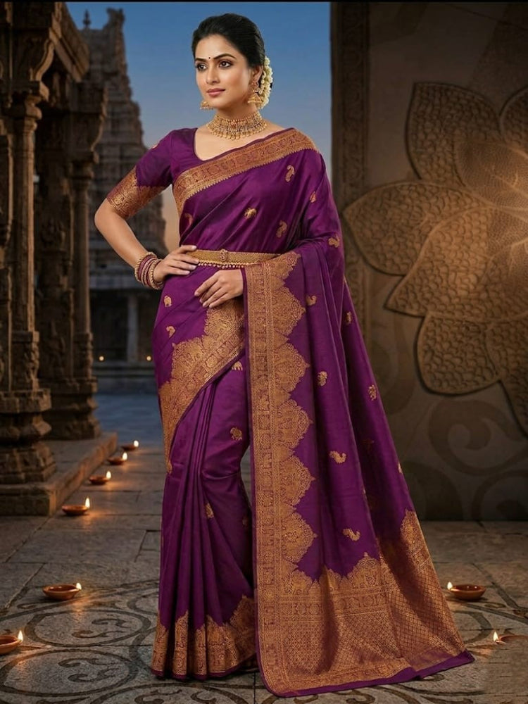 A bride in a traditional South Indian temple wears the intricate Magenta Kanchipuram Handloom 2G Gold Vairaoosi Silk Saree with matching temple jewelry.