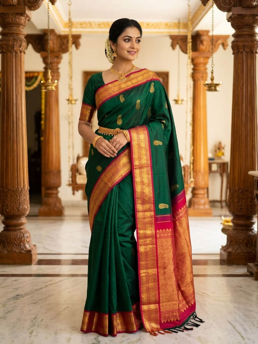 A stunning full-length and detailed view of a model elegantly draped in a rich bottle green Kanchipuram handloom Korvai silk saree, showcasing the intricate 2G gold zari motifs across the body, a vibrant contrasting pink and gold border, seamless Korvai interlocking craftsmanship, and an accompanying Silk Mark certification tag guaranteeing pure silk authenticity.