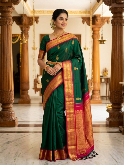 A stunning full-length and detailed view of a model elegantly draped in a rich bottle green Kanchipuram handloom Korvai silk saree, showcasing the intricate 2G gold zari motifs across the body, a vibrant contrasting pink and gold border, seamless Korvai interlocking craftsmanship, and an accompanying Silk Mark certification tag guaranteeing pure silk authenticity.