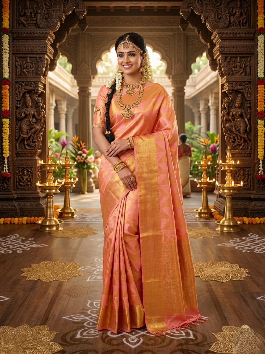Peach Kanchipuram Handloom 2G Gold Pattu Silk Saree with geometric triangle patterns and a heavy gold border, set against a traditional palace courtyard.