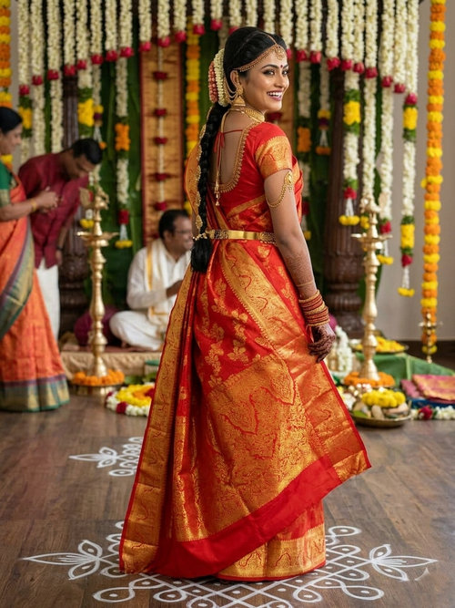 A model elegantly draped in a Chilly Red Kanchipuram Handloom 2G Gold Pattu Silk Saree with intricate floral brocade and a rich gold border, showcased in a traditional bridal setting.
