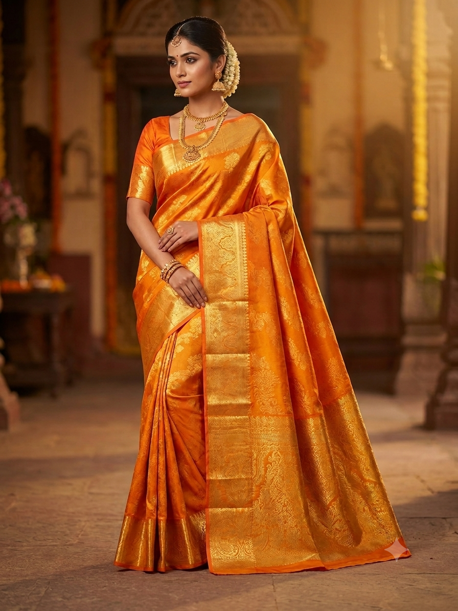 A graceful model wearing an exquisite, Silk Mark certified Orange Kanchipuram handloom silk saree with intricate gold zari detailing, styled for a traditional wedding look.