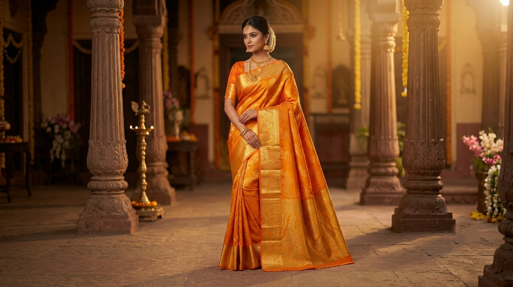 A graceful model wearing an exquisite, Silk Mark certified Orange Kanchipuram handloom silk saree with intricate gold zari detailing, styled for a traditional wedding look.