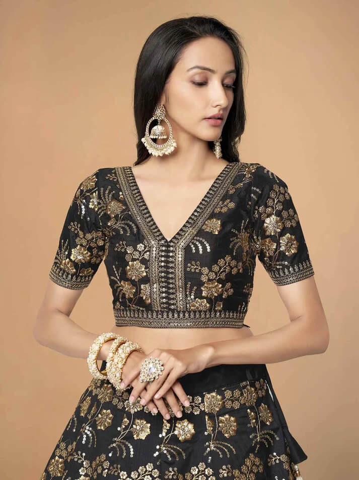 Black Silk Lehenga with Zari, Sequins & Dori Work