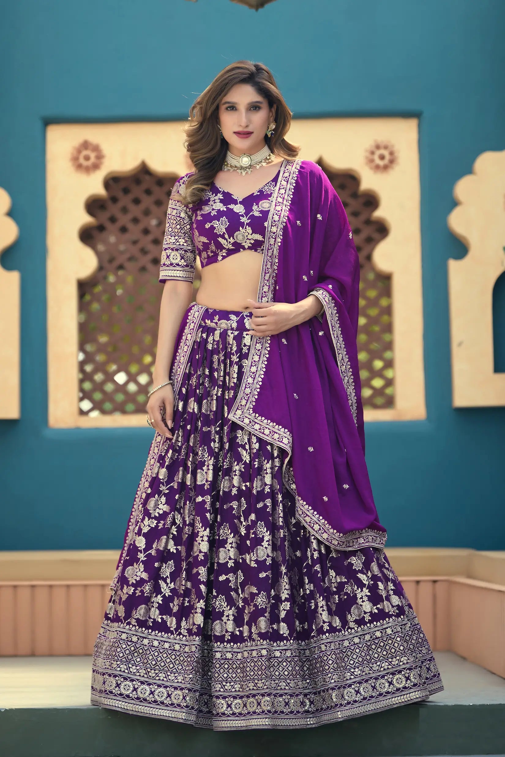 Purple Dola Silk Lehenga With Embroidery Work