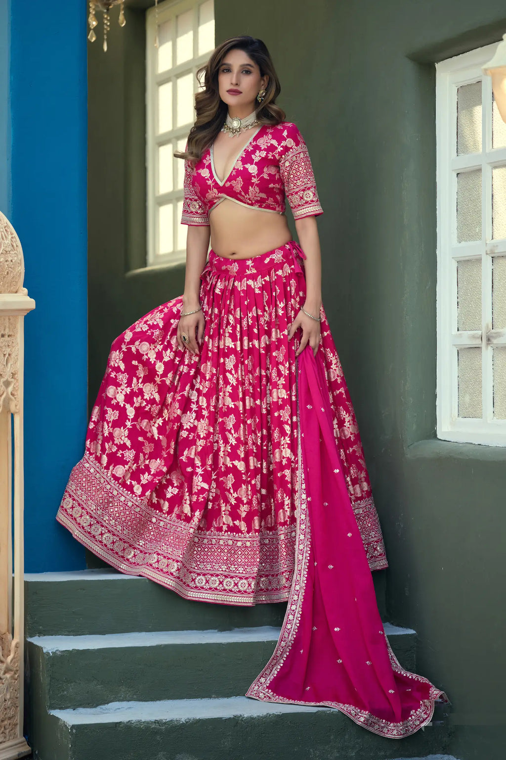 Rani Pink Dola Silk Lehenga With Embroidery Work
