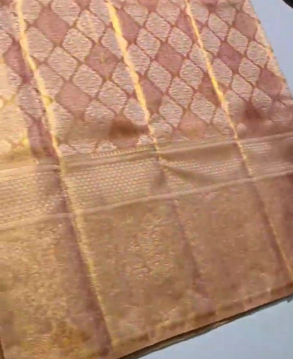 Coral Kanchipuram Handloom Tissue Brocade Silk Saree