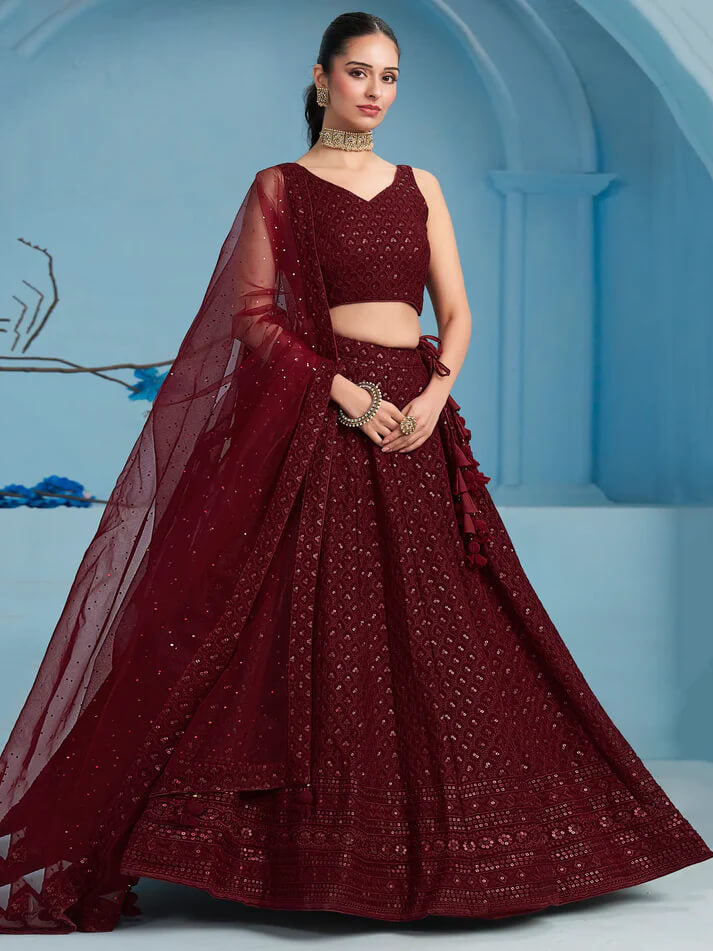 Maroon Designer Lehenga with Sequins & Dupatta
