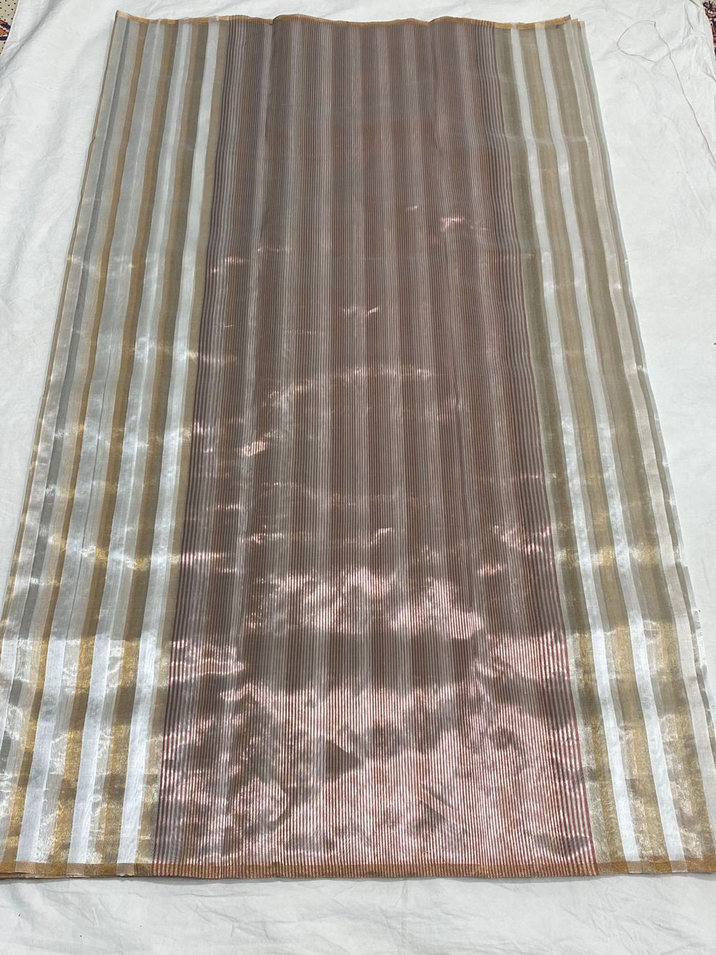 Off White Chanderi Handloom Pattu Silk Striped Saree