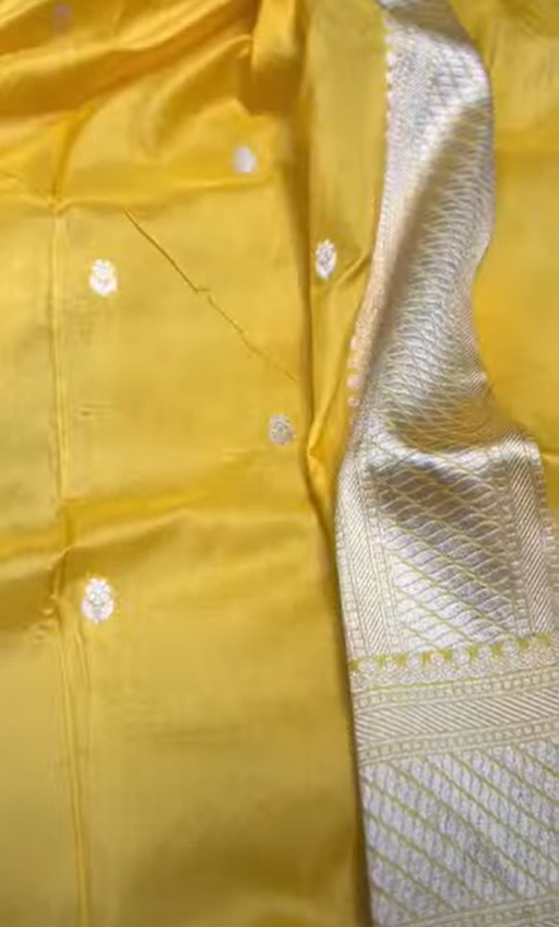 A radiant dual-tone golden yellow Banarasi Katan silk saree with hand-woven Sona Rupa gold and silver zari floral motifs and a rich border.
