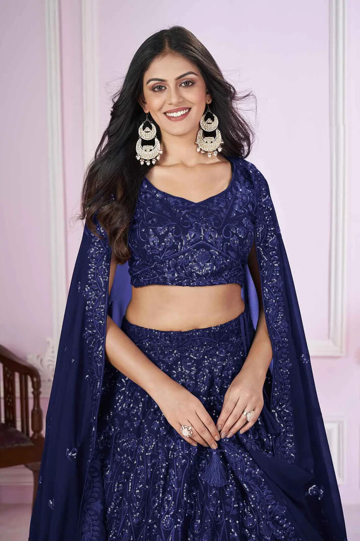Navy Blue Georgette Lehenga with Sequins & Thread Embroidery