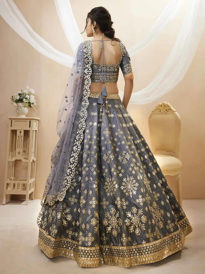 Grey Art Silk Lehenga with Sequins & Zari Embroidery