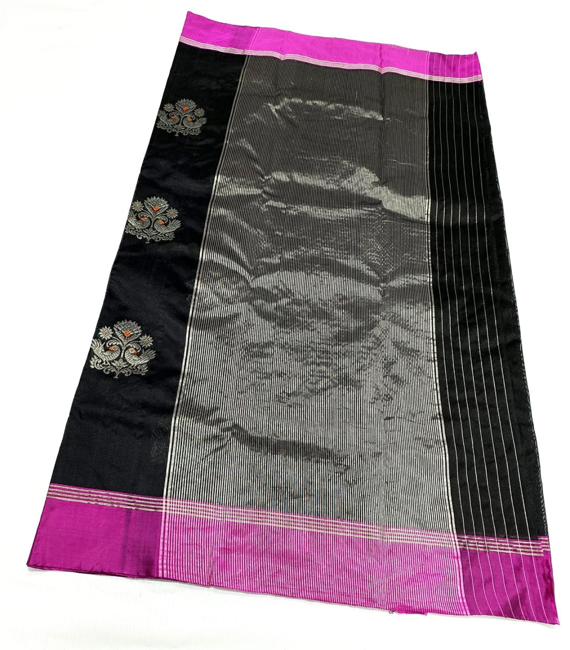 Black Chanderi Handloom Pattu Silk Eknal Buttas Saree