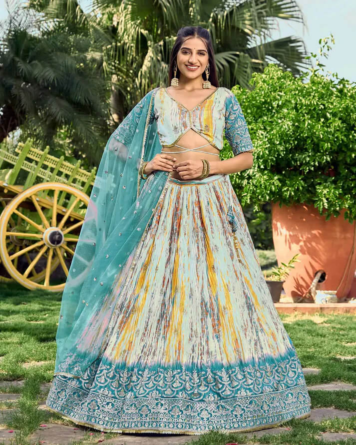 Sea Blue Designer Lehenga with Sequins, Zari & Digital Print