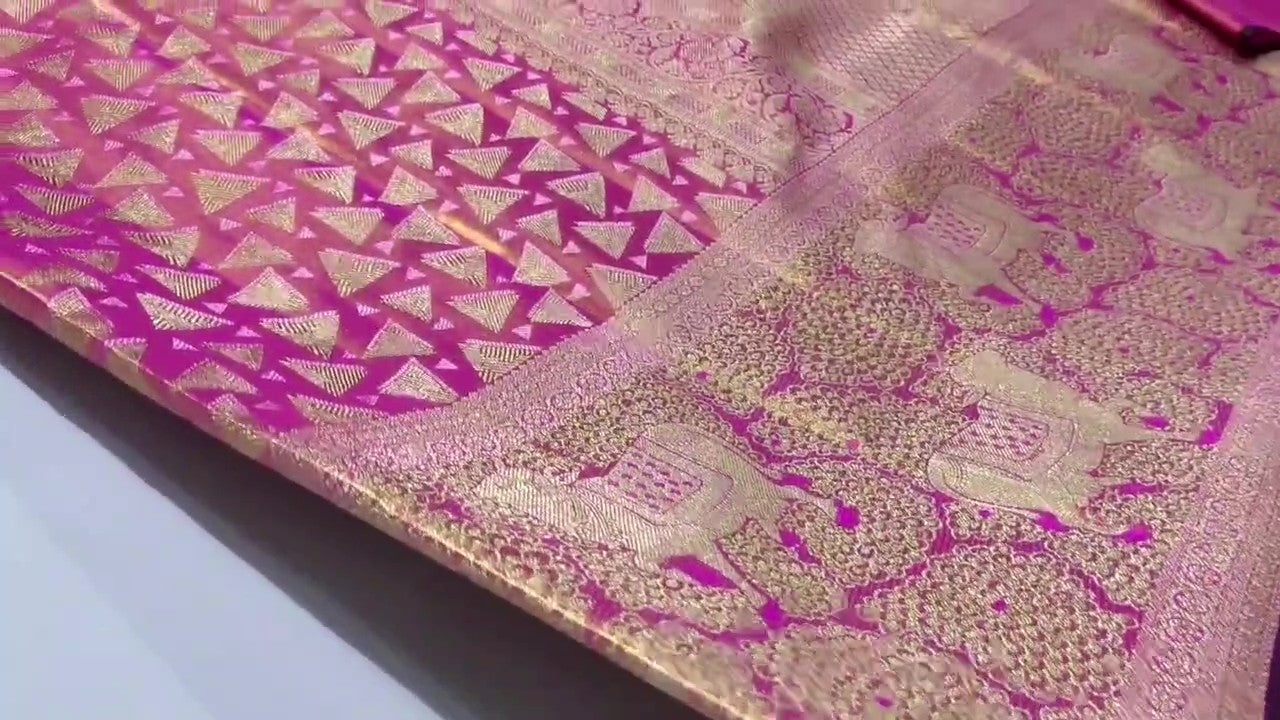 Hot Pink Kanchipuram Handloom Tissue Brocade Silk Saree