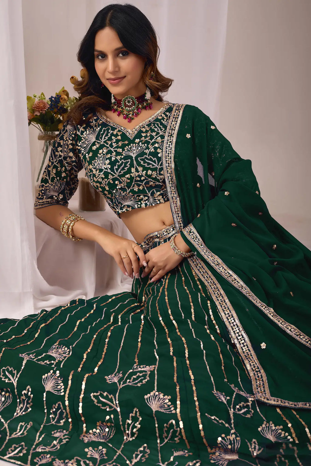 Dark Green Embroidery Work Georgette Lehenga Choli