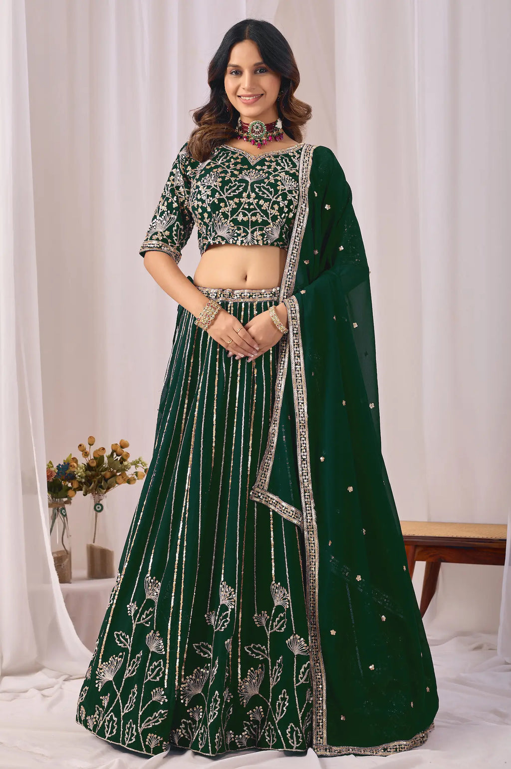 Dark Green Embroidery Work Georgette Lehenga Choli