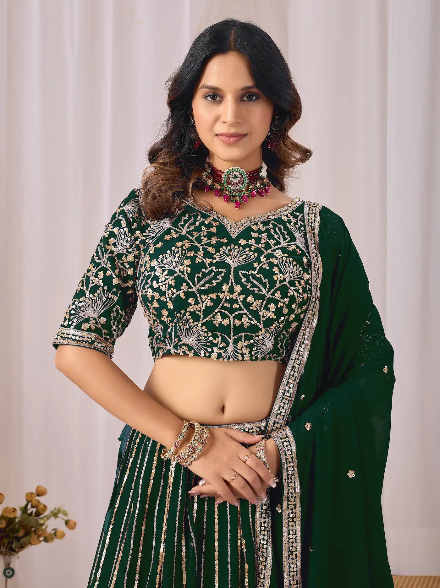 Dark Green Embroidery Work Georgette Lehenga Choli