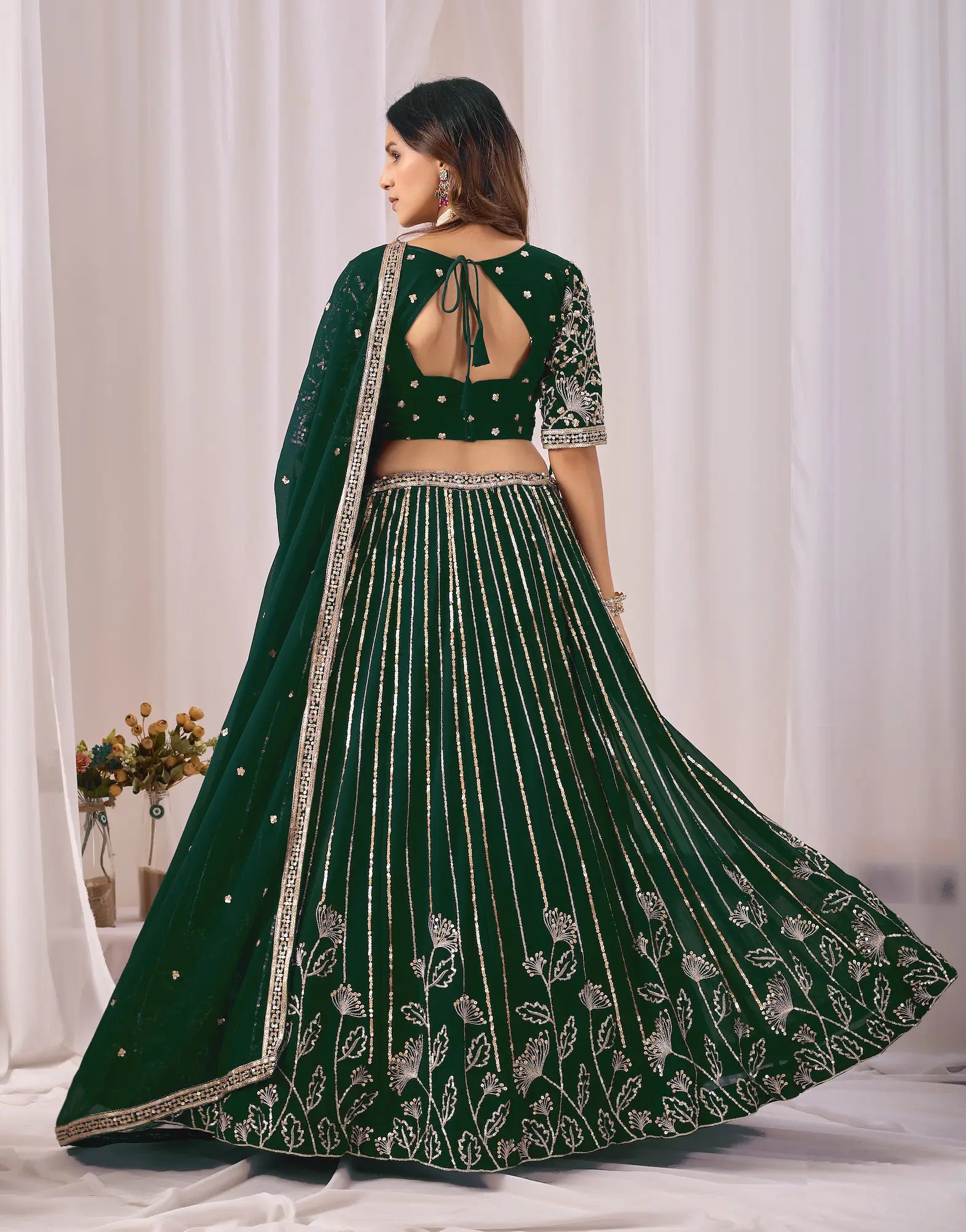 Dark Green Embroidery Work Georgette Lehenga Choli