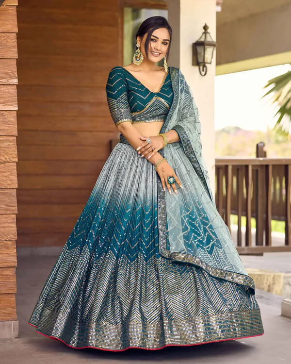 Light Blue Grey Lehenga Choli with Thread & Sequins Work