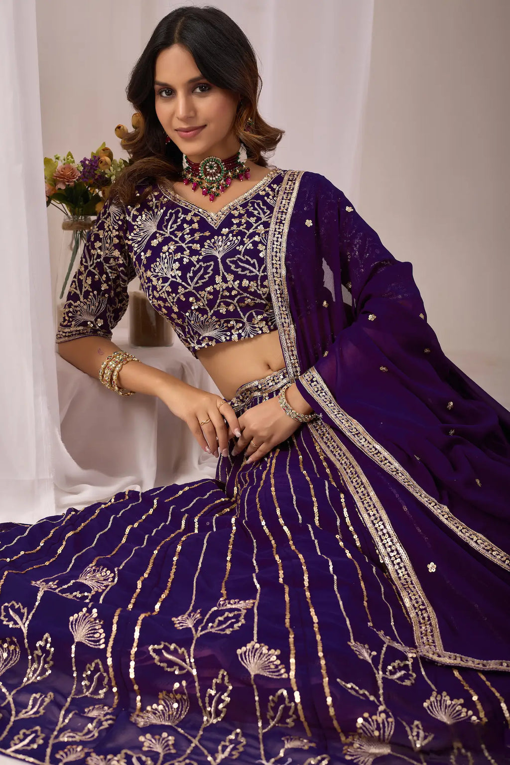 Dark Purple Embroidery Work Georgette Lehenga Choli