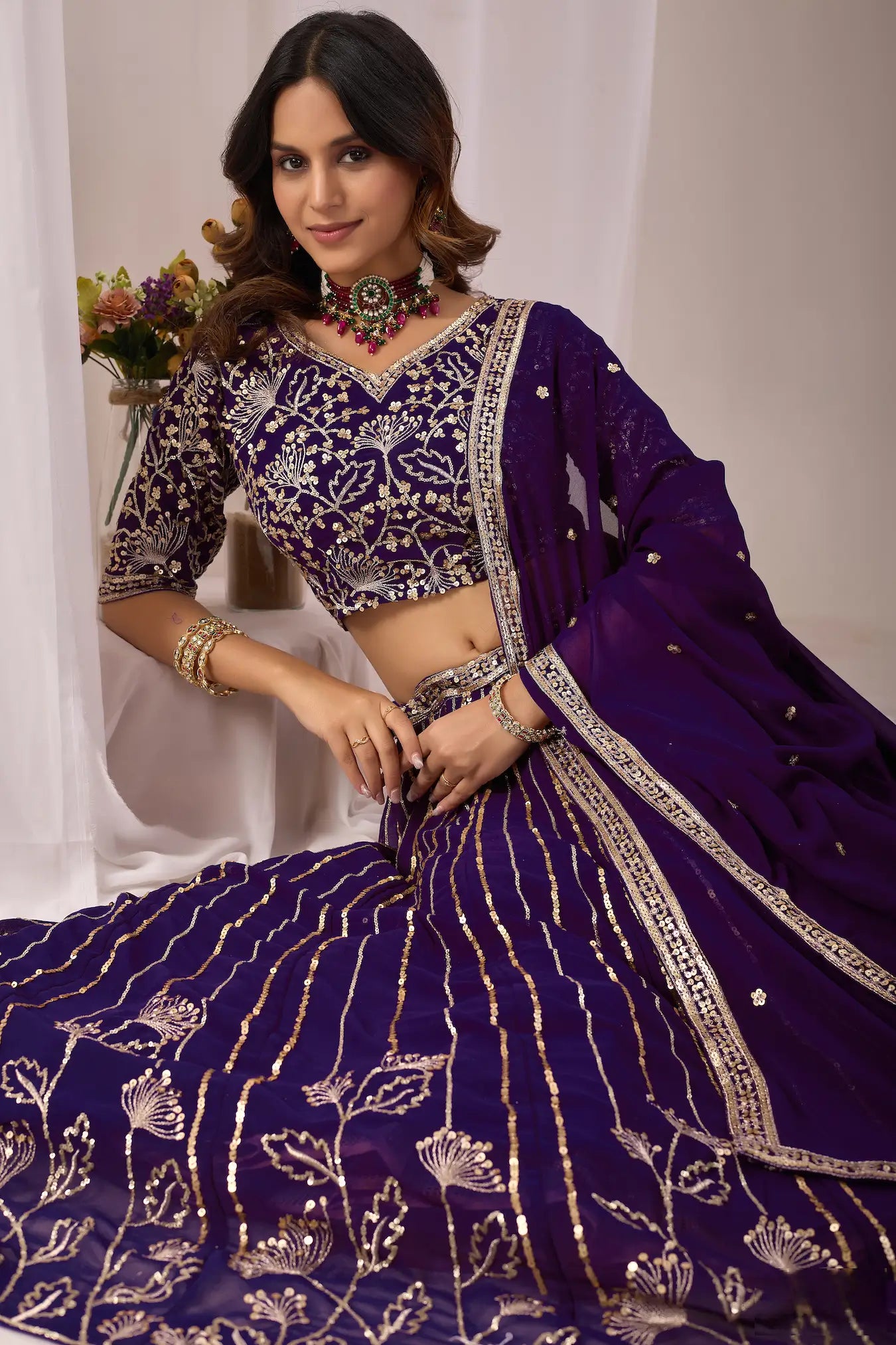 Dark Purple Embroidery Work Georgette Lehenga Choli