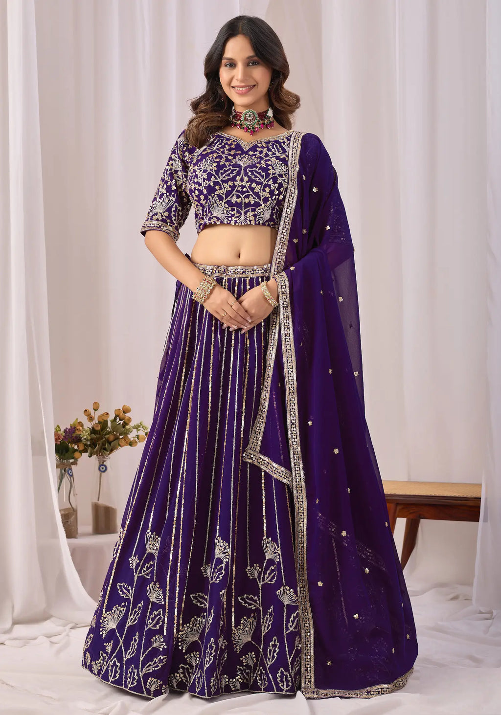 Dark Purple Embroidery Work Georgette Lehenga Choli