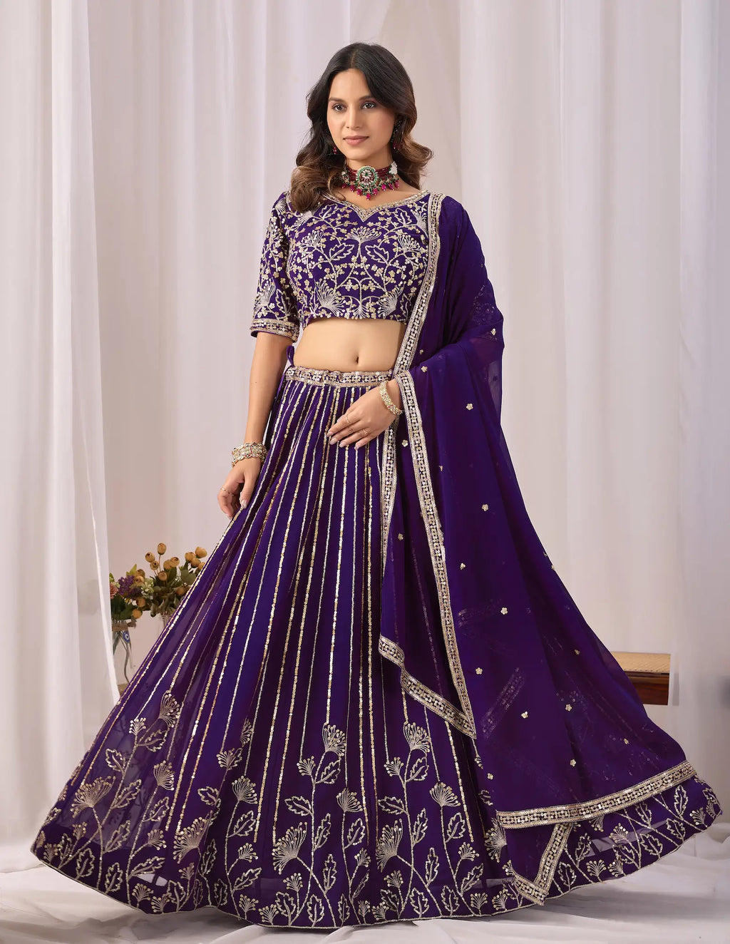 Dark Purple Embroidery Work Georgette Lehenga Choli