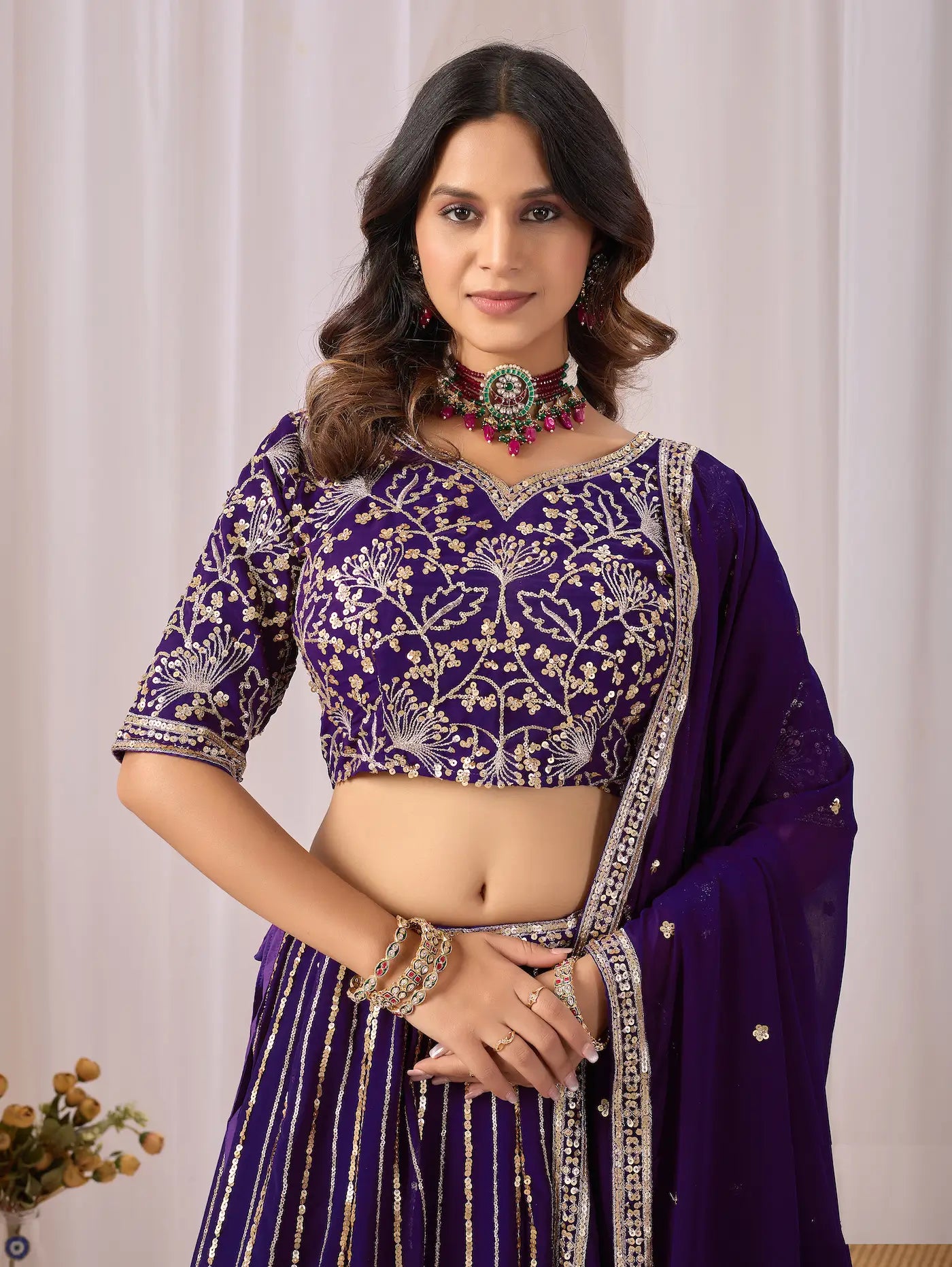 Dark Purple Embroidery Work Georgette Lehenga Choli