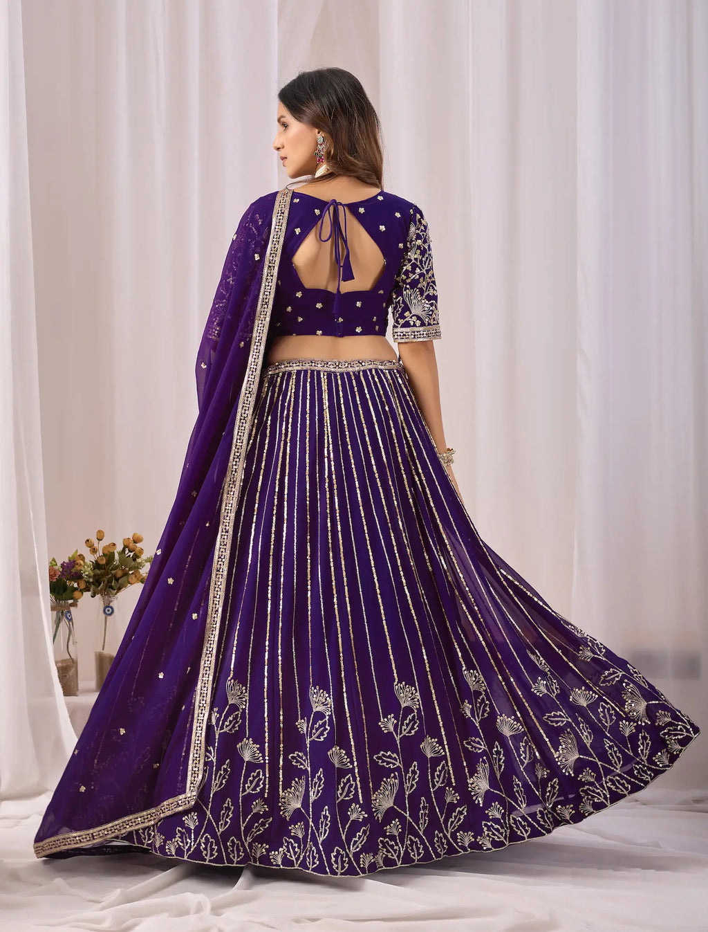 Dark Purple Embroidery Work Georgette Lehenga Choli