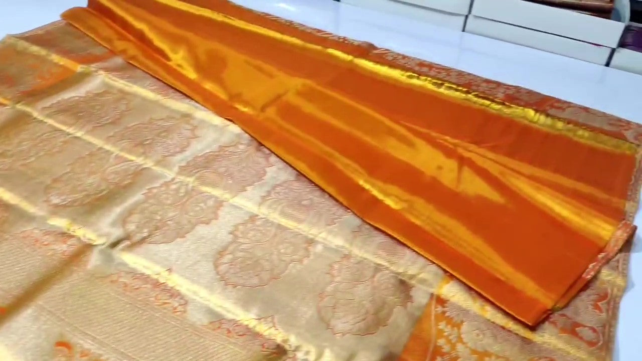 Orange Kanchipuram Handloom Tissue Brocade Silk Saree