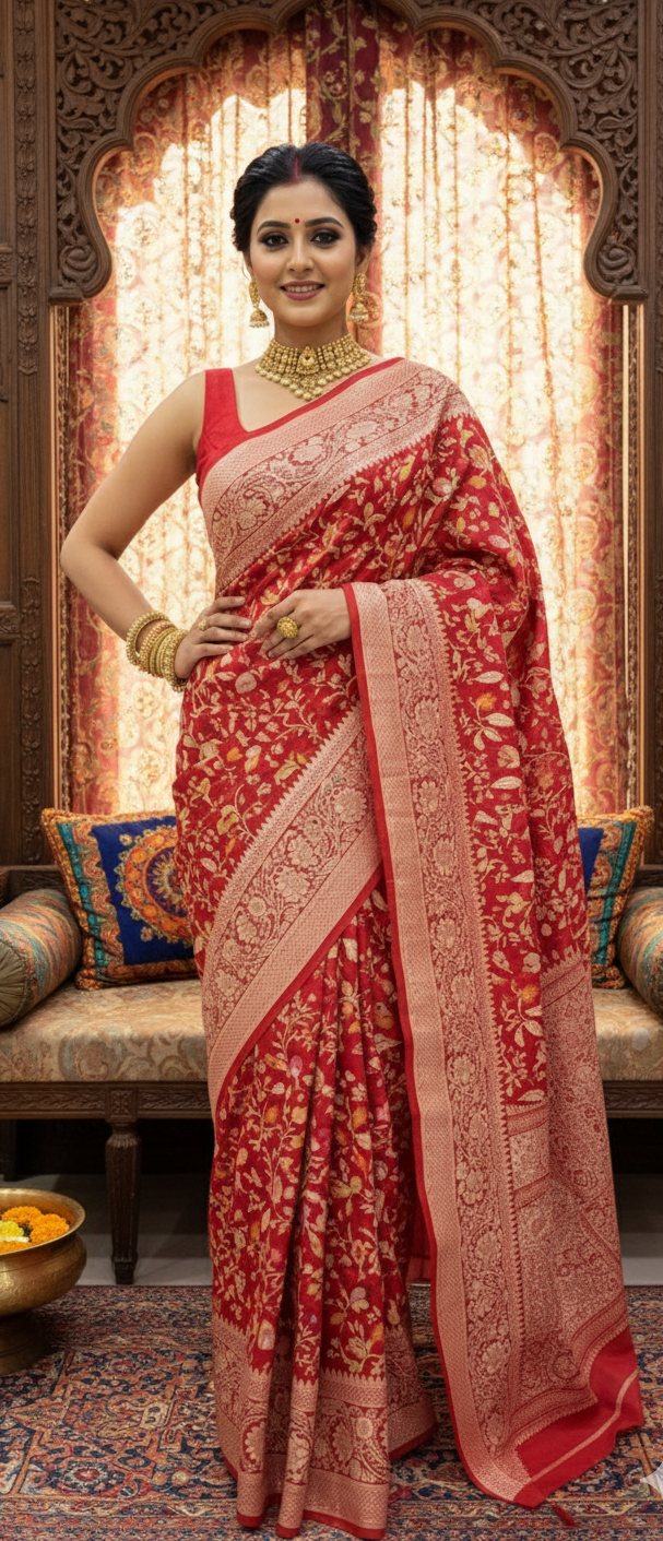 A bright bridal red Banarasi Katan silk saree adorned with colorful Tilfi Meenakari floral buttas and a heavy gold zari border.
