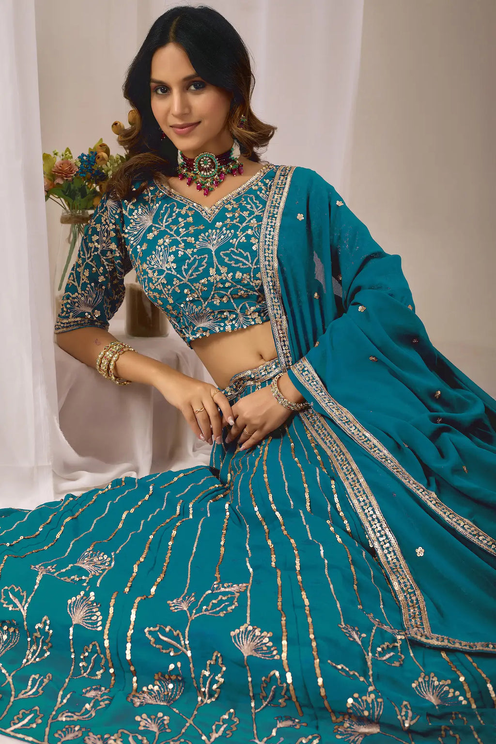 Dark Teal Embroidery Work Georgette Lehenga Choli