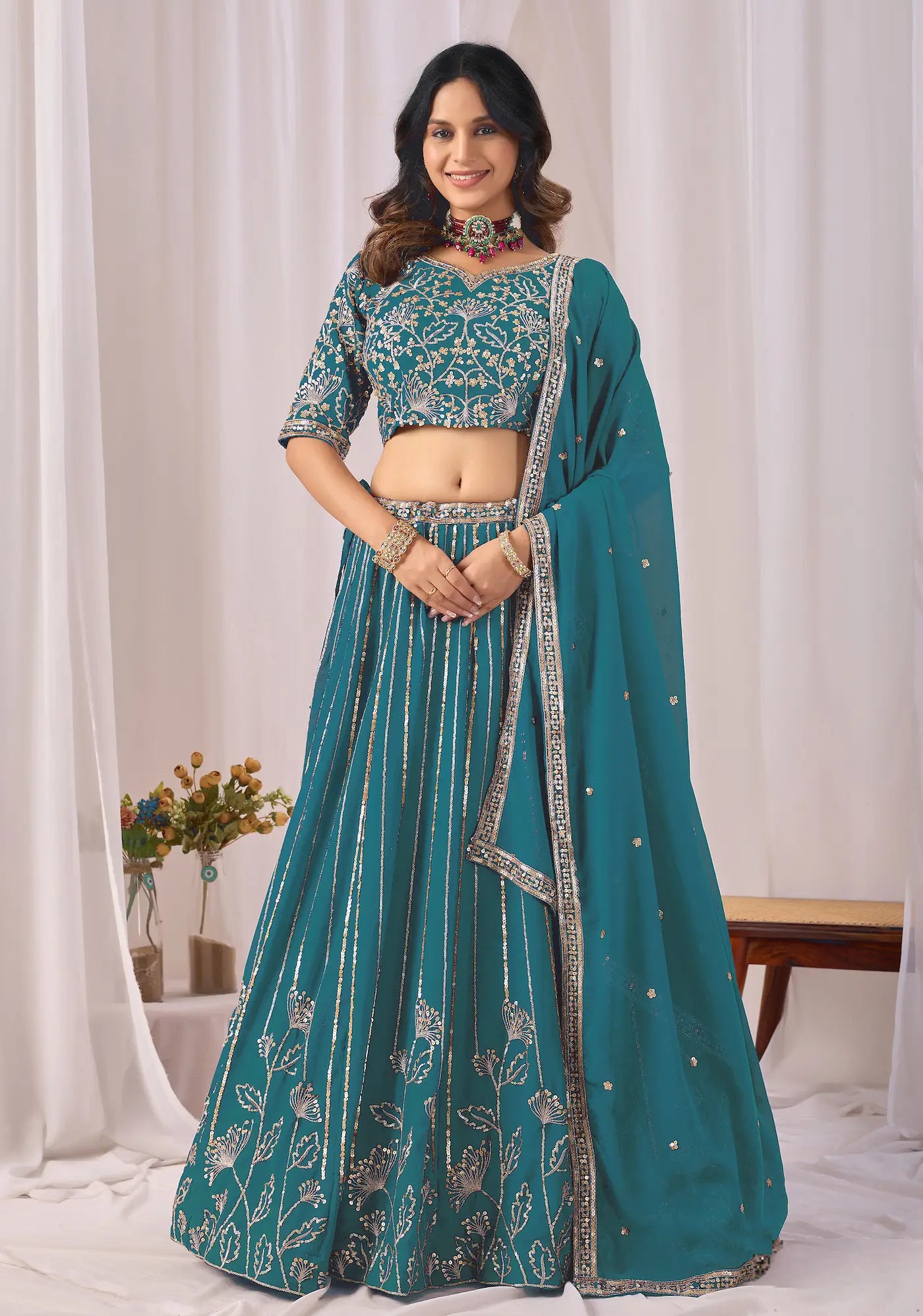 Dark Teal Embroidery Work Georgette Lehenga Choli