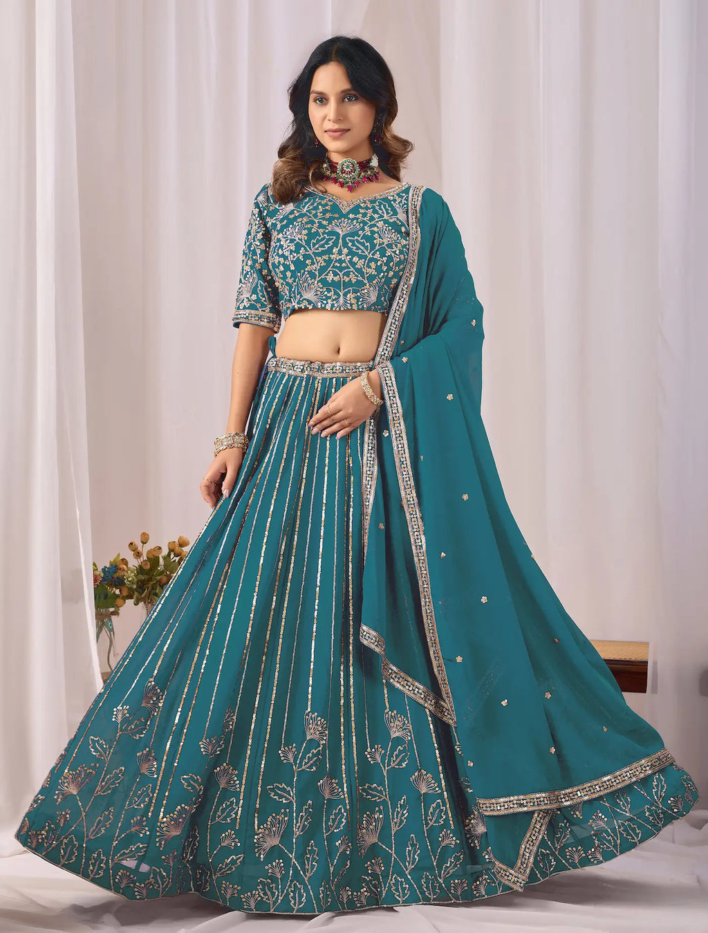 Dark Teal Embroidery Work Georgette Lehenga Choli