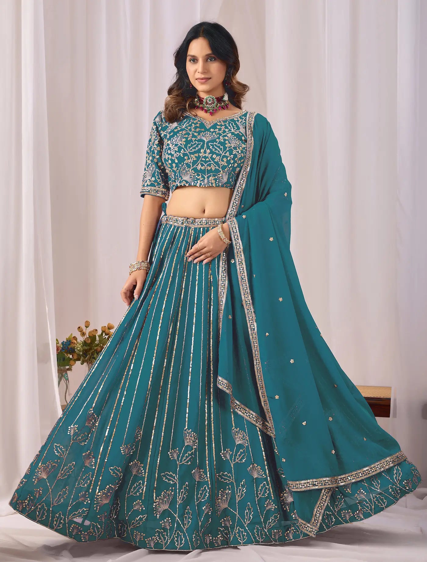 Dark Teal Embroidery Work Georgette Lehenga Choli