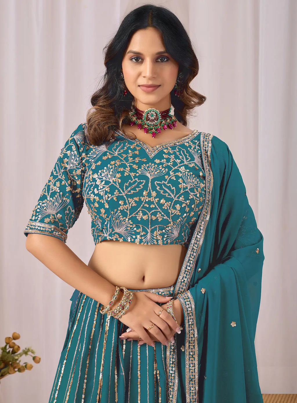 Dark Teal Embroidery Work Georgette Lehenga Choli