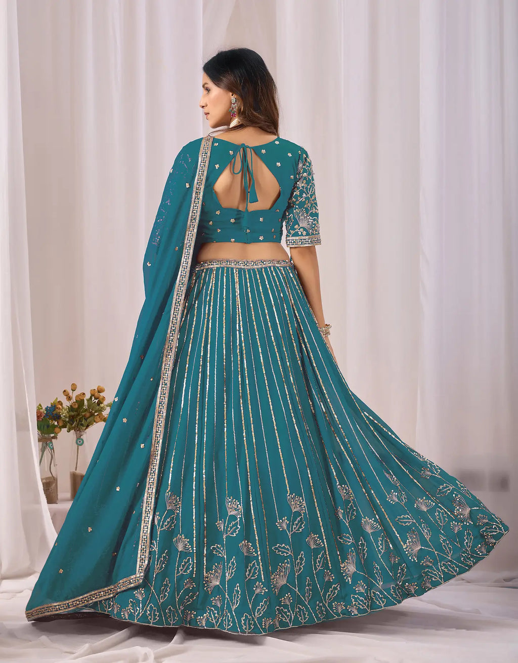 Dark Teal Embroidery Work Georgette Lehenga Choli