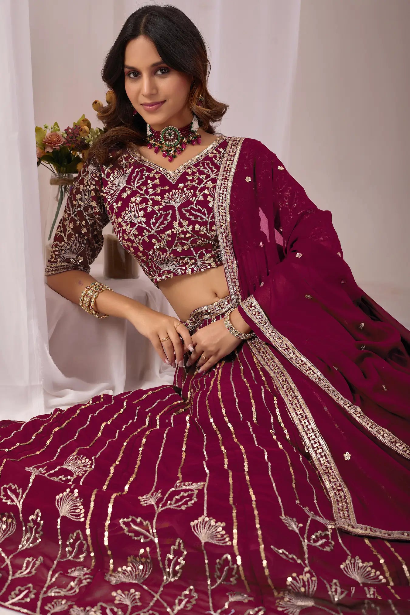Dark Maroon Embroidery Work Georgette Lehenga Choli