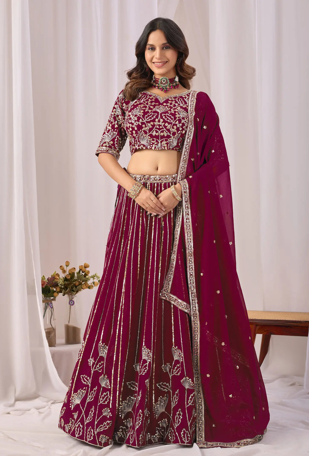 Dark Maroon Embroidery Work Georgette Lehenga Choli