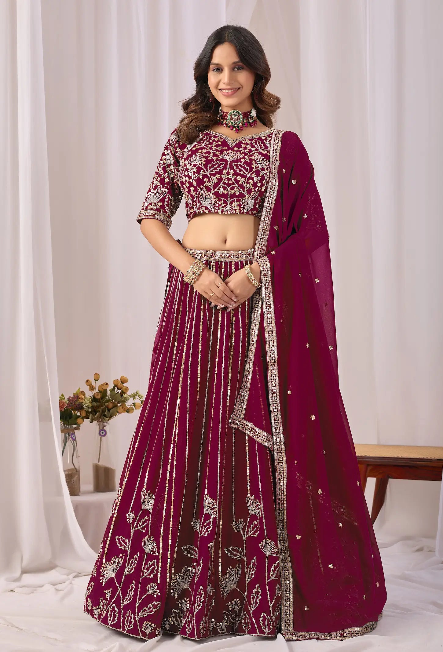 Dark Maroon Embroidery Work Georgette Lehenga Choli