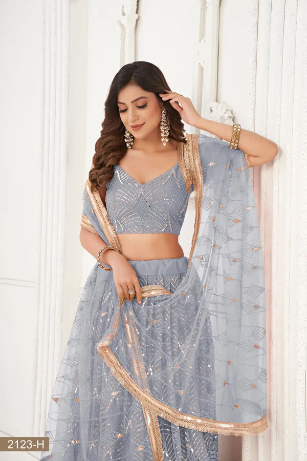 Graceful Light Grey Net Lehenga with Sequins