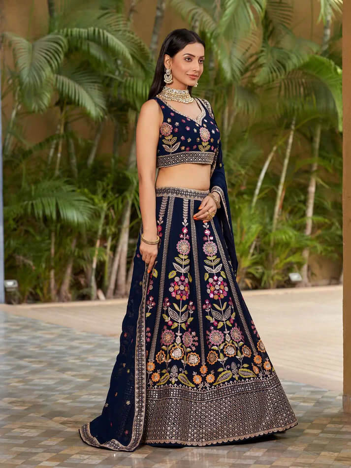 Navy Blue Georgette Lehenga with Thread & Zari Embroidery