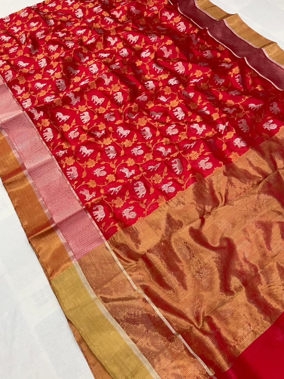 Chilly Red Chanderi Handloom Pattu Silk Shikargah Handwork Saree