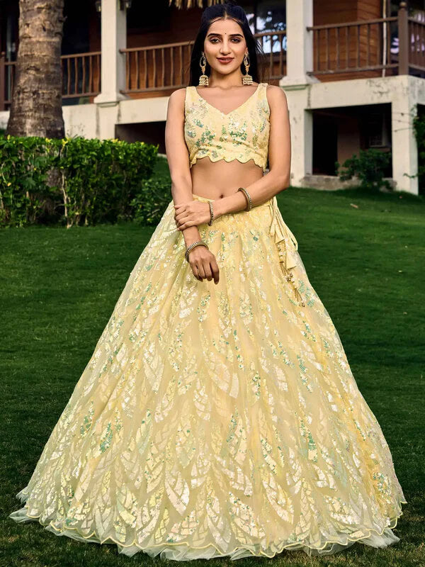 Yellow Soft Net Lehenga with Sequins & Thread Work