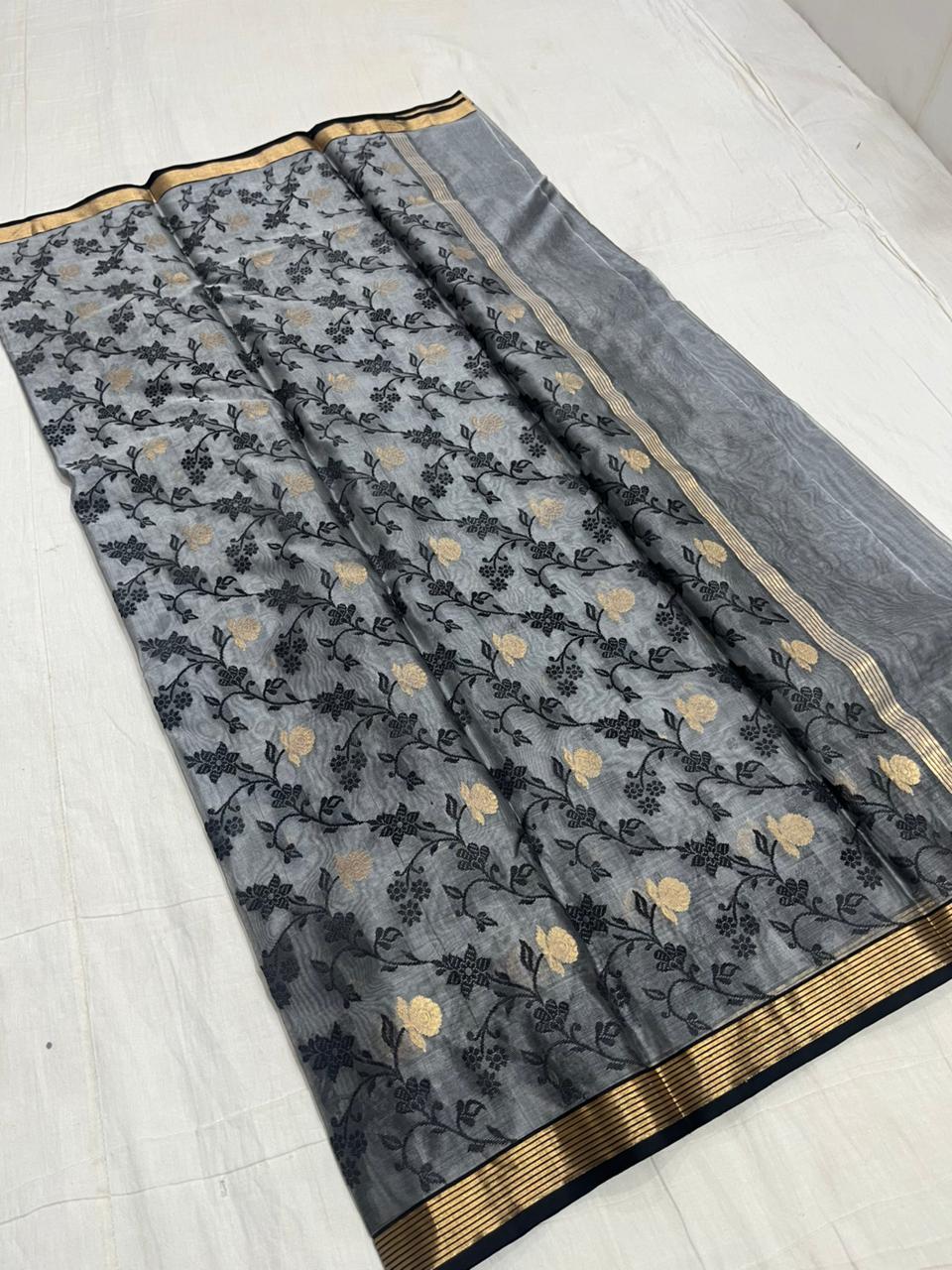 Dark Grey Chanderi Handloom Katan Silk Meenakari Saree