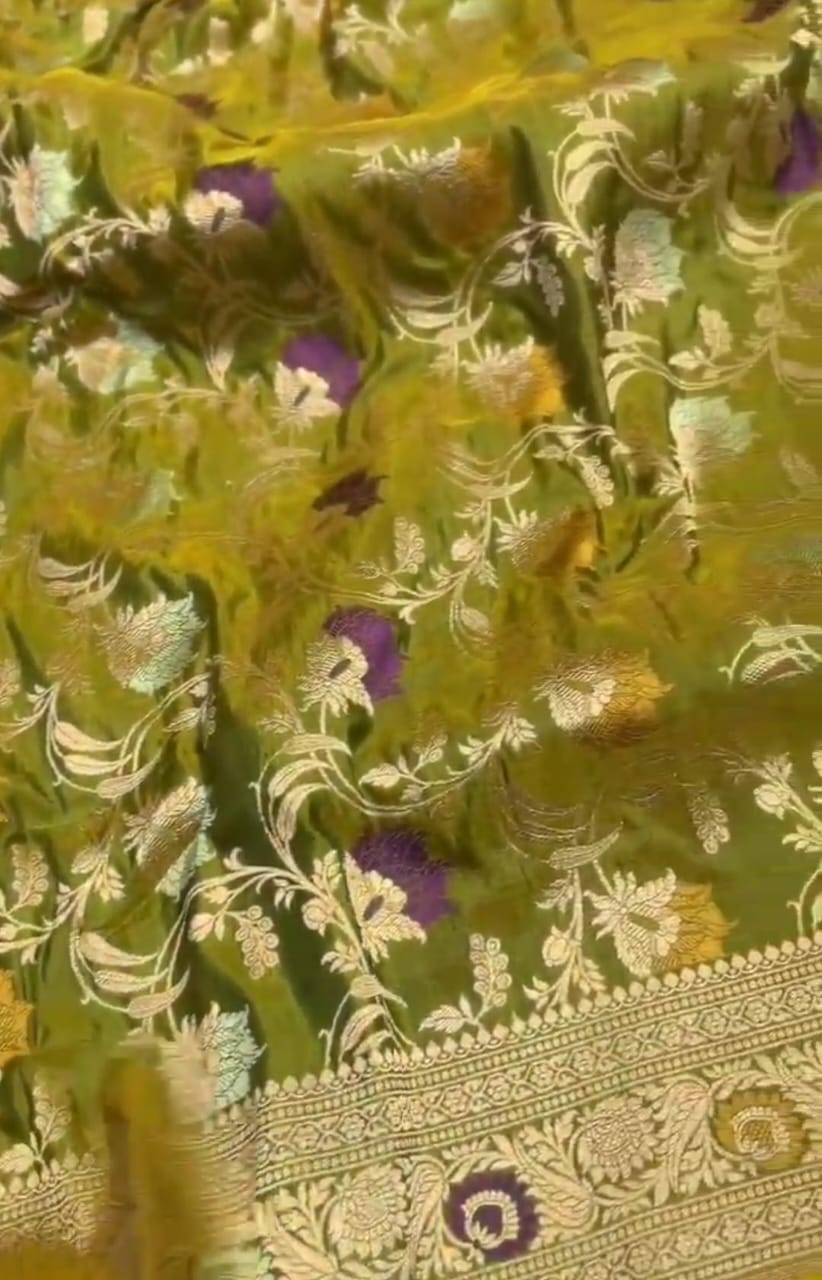 Dual Tone Mehandi Banarasi Handloom Katan Silk Meenakari Saree