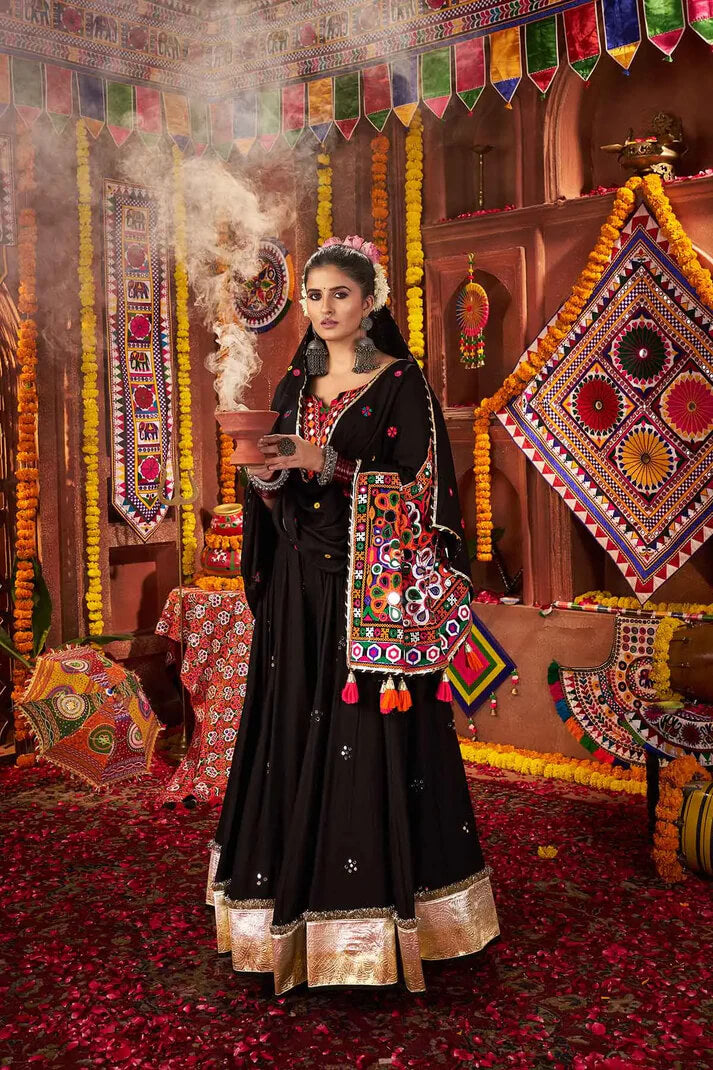 Designer Black Mirror & Thread Work Navratri Lehenga
