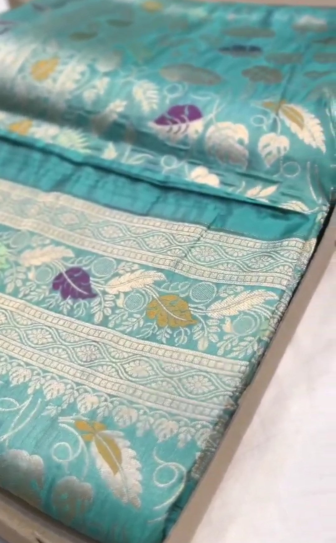 Dual Tone Turquoise Banarasi Handloom Katan Silk Meenakari Saree